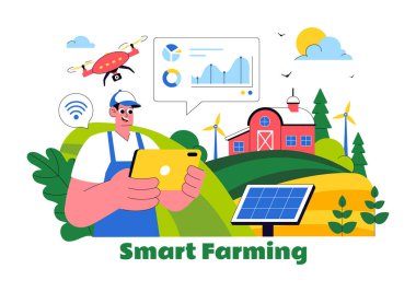 Akıllı Tarım Teknolojisi Vektör İllüstrasyonunda Endüstriyel Çiftliğini Yöneten Bir Çiftçi Düz Arkaplanda Çiftçiliği Kontrol Etmek İçin Bir Tablet Kullanıyor