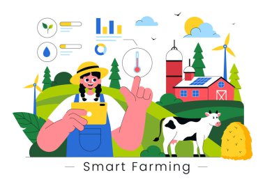 Akıllı Tarım Teknolojisi Vektör İllüstrasyonunda Endüstriyel Çiftliğini Yöneten Bir Çiftçi Düz Arkaplanda Çiftçiliği Kontrol Etmek İçin Bir Tablet Kullanıyor