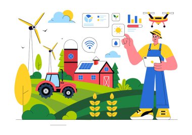 Akıllı Tarım Teknolojisi Vektör İllüstrasyonunda Endüstriyel Çiftliğini Yöneten Bir Çiftçi Düz Arkaplanda Çiftçiliği Kontrol Etmek İçin Bir Tablet Kullanıyor