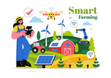 Akıllı Tarım Teknolojisi Vektör İllüstrasyonunda Endüstriyel Çiftliğini Yöneten Bir Çiftçi Düz Arkaplanda Çiftçiliği Kontrol Etmek İçin Bir Tablet Kullanıyor