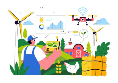 Akıllı Tarım Teknolojisi Vektör İllüstrasyonunda Endüstriyel Çiftliğini Yöneten Bir Çiftçi Düz Arkaplanda Çiftçiliği Kontrol Etmek İçin Bir Tablet Kullanıyor