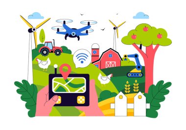 Akıllı Tarım Teknolojisi Vektör İllüstrasyonunda Endüstriyel Çiftliğini Yöneten Bir Çiftçi Düz Arkaplanda Çiftçiliği Kontrol Etmek İçin Bir Tablet Kullanıyor