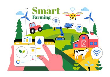Akıllı Tarım Teknolojisi Vektör İllüstrasyonunda Endüstriyel Çiftliğini Yöneten Bir Çiftçi Düz Arkaplanda Çiftçiliği Kontrol Etmek İçin Bir Tablet Kullanıyor