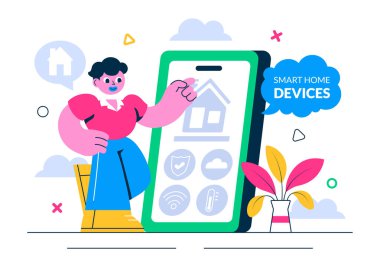 Akıllı Ev Aygıtları Vektör Resimlemesi Smartphone ile kontrol edilen ve bir Arkaplan Elektronik Entegre Sistemi ile kontrol edilen Ev Otomasyonu