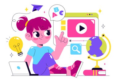 Bilgi Kitapları, Okul Malzemeleri ve Düz Biçim Çizgi Filmlerinde Öğrenme materyallerinin yer aldığı Çevrimiçi Çocuk Vektör İlülasyonu