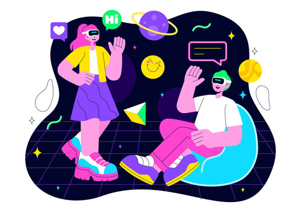 Metaverse Social Hangouts Illustration featuring People wearing VR Glasses and Exploring Future Innovations with Virtual Reality Communication