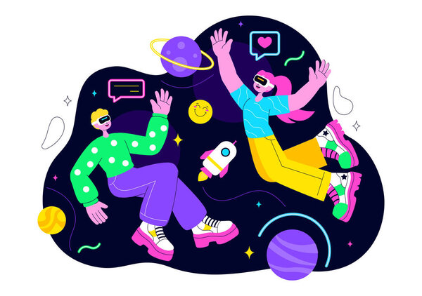 Metaverse Social Hangouts Illustration featuring People wearing VR Glasses and Exploring Future Innovations with Virtual Reality Communication