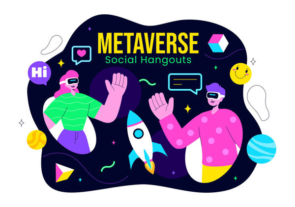 Metaverse Social Hangouts Illustration featuring People wearing VR Glasses and Exploring Future Innovations with Virtual Reality Communication