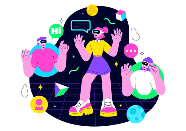 Metaverse Social Hangouts Illustration featuring People wearing VR Glasses and Exploring Future Innovations with Virtual Reality Communication