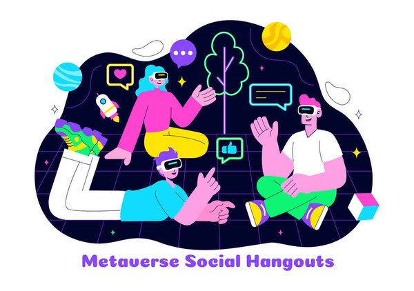 Metaverse Social Hangouts Illustration featuring People wearing VR Glasses and Exploring Future Innovations with Virtual Reality Communication
