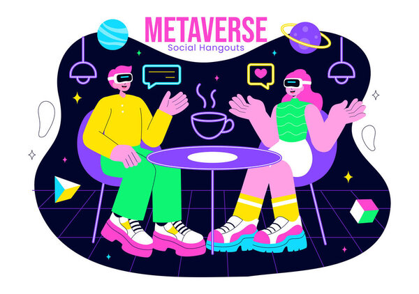 Metaverse Social Hangouts Illustration featuring People wearing VR Glasses and Exploring Future Innovations with Virtual Reality Communication