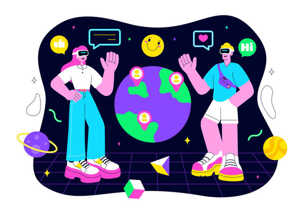 Metaverse Social Hangouts Illustration featuring People wearing VR Glasses and Exploring Future Innovations with Virtual Reality Communication