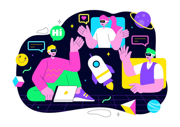 Metaverse Social Hangouts Illustration featuring People wearing VR Glasses and Exploring Future Innovations with Virtual Reality Communication