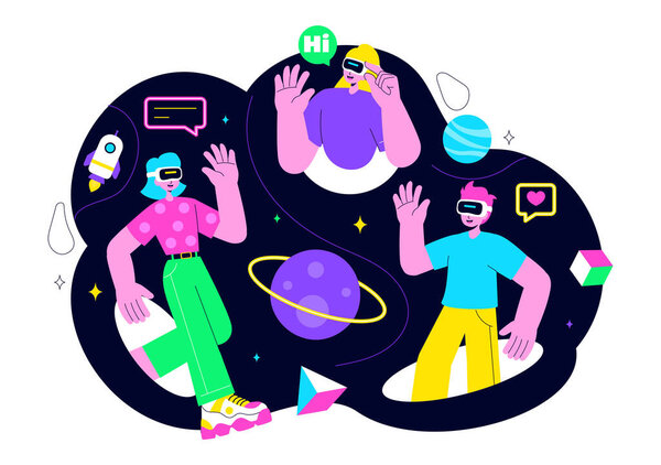 Metaverse Social Hangouts Illustration featuring People wearing VR Glasses and Exploring Future Innovations with Virtual Reality Communication
