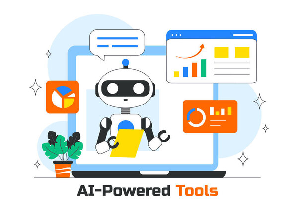 AI Powered Tools Illustration featuring Ai Powered Data analytics, Automated Information Research, Mobile Intelligent interfaces, and SEO Advertising