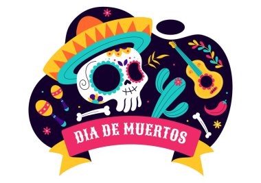 Dia de los Muertos ya da Ölü Vektör İllüstrasyonunda bir İskelet Müzik Çalıyor, Sombrero ve Geleneksel Meksika Kostümü Giyiyor