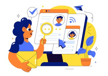 Çevrimiçi İş Fuarı İllüstrasyonunda İşe Alma, Seçim Sürecine Devam Etme ve Düz Bir Arkaplanda Ajans Görüşmesi