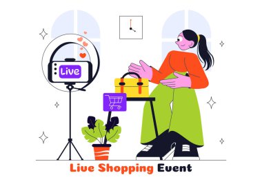 Etkilenen Canlı Alışveriş İllüstrasyonu Etkilenenler ve Satış, İndirimler ve Bedava Nakliye Kuponlarını Desteklemek İçin Mal Satanlar ve Sunucular