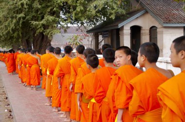 Luang Prabang, Laos - 16 Şubat 2011: Günlük ritüel keşiş sadaka ve teklifleri toplama