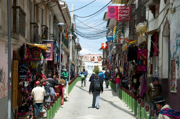 Paz Bolivien September 2014 Straße Mit Touristengeschäften Und Lokalen Restaurants — Stockfoto