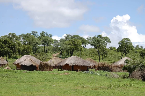 Capanne Africane Nel Villaggio Zambia — Foto Stock