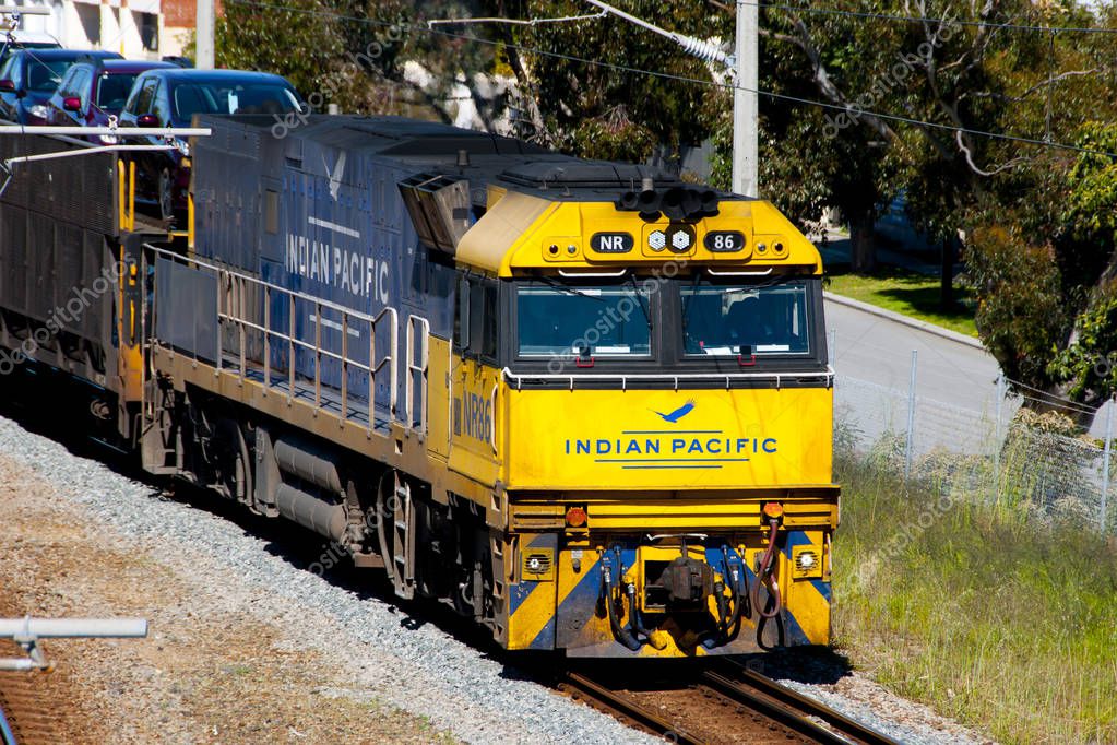PERTH, AUSTRALIA - September 16, 2018: Indian Pacific passenger rail train that operates between Sydney, on the Pacific Ocean, and Perth, on the Indian Ocean