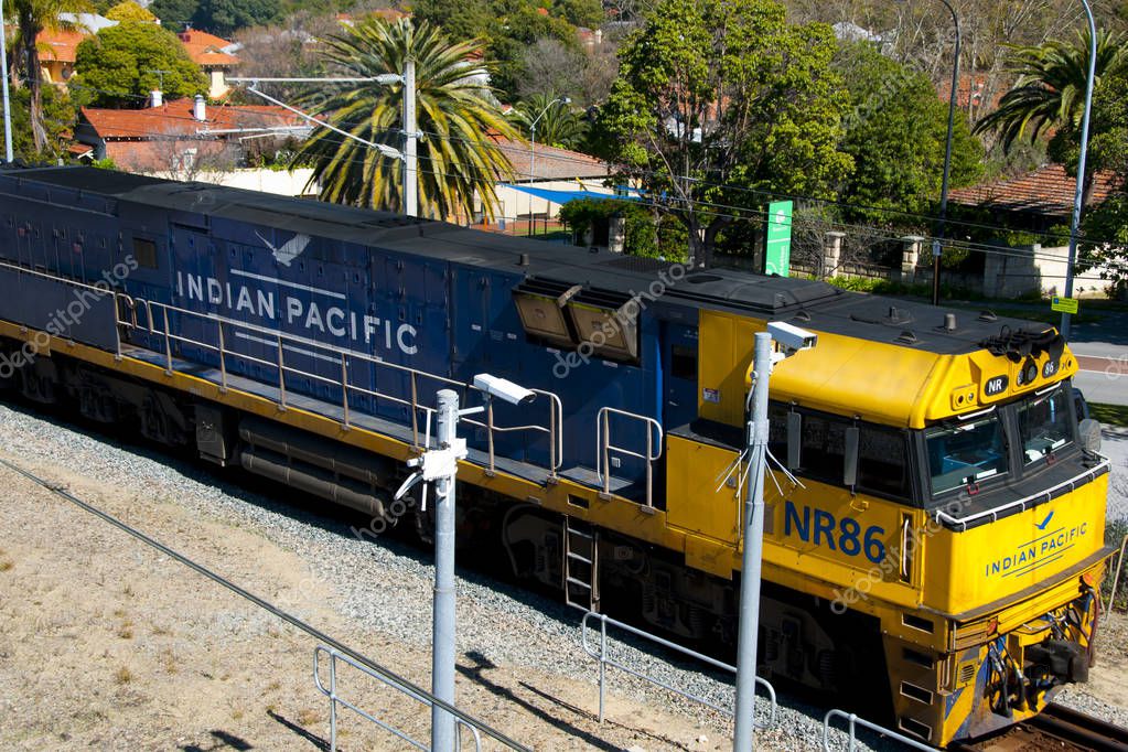PERTH, AUSTRALIA - September 16, 2018: Indian Pacific passenger rail train that operates between Sydney, on the Pacific Ocean, and Perth, on the Indian Ocean