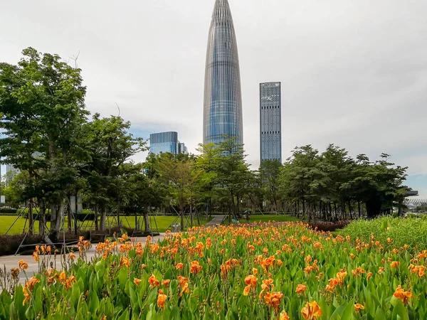 Fragmento de um parque de cidade com flores decorativas em um canteiro de flores, Shenzhen, China — Fotografia de Stock