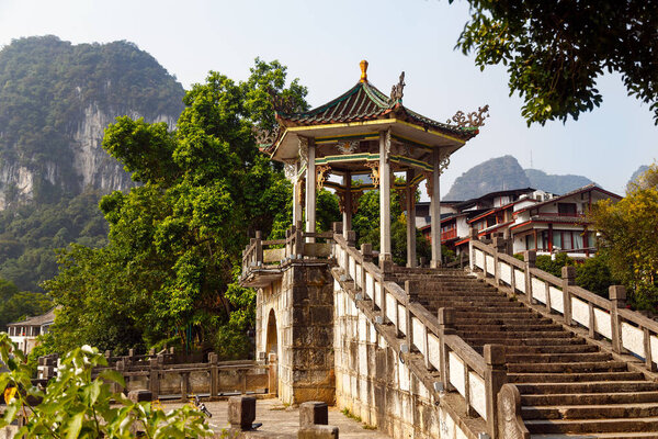 Chinese style stone staircase and pagoda