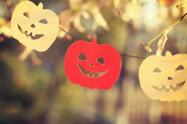 Sonbahar renkli ağacın yaprakları ile üzerinde closeup Halloween süslemeleri astı