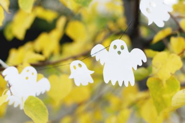 Sonbahar renkli ağacın yaprakları ile üzerinde closeup Halloween süslemeleri astı