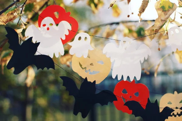 Primer Plano Las Decoraciones Halloween Colgadas Las Ramas Del Árbol —  Fotos de Stock