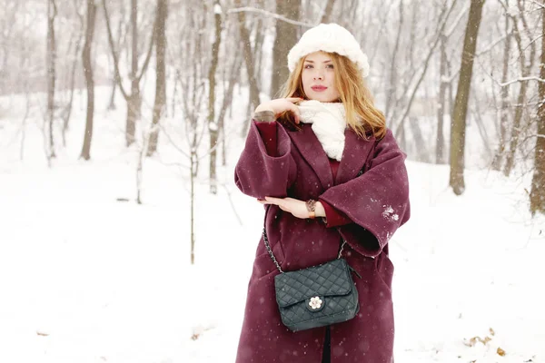 Belleza Mujer Joven Con Ropa Invierno Caminando Parque Invierno Durante — Foto de Stock