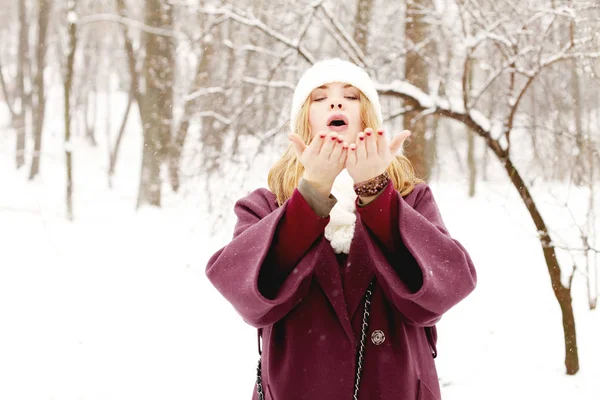 Beauté Jeune Femme Portant Des Vêtements Hiver Marchant Dans Parc — Photo