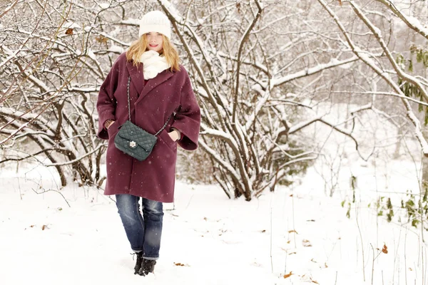 Beleza Jovem Mulher Vestindo Roupas Inverno Andando Parque Inverno Durante — Fotografia de Stock