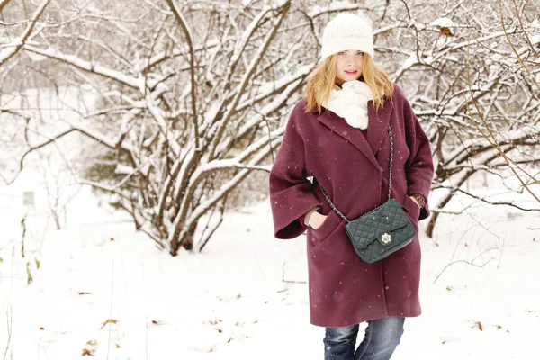 Beleza Jovem Mulher Vestindo Roupas Inverno Andando Parque Inverno Durante — Fotografia de Stock