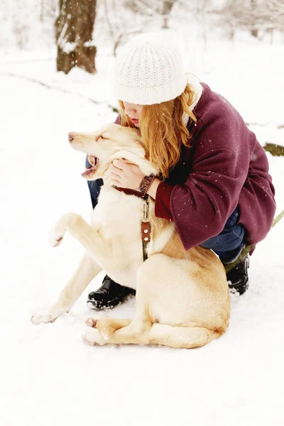 Schöne Junge Frau Winterkleidung Spielt Tagsüber Mit Niedlichem Hund Winterpark — Stockfoto