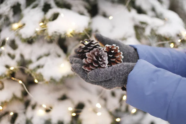 Gros Plan Mains Féminines Dans Des Gants Hiver Tenant Des — Photo