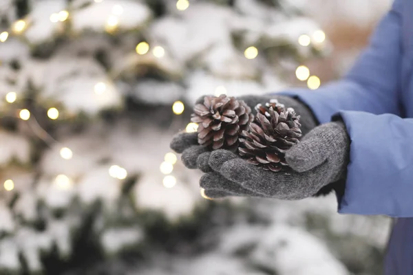 Gros Plan Mains Féminines Dans Des Gants Hiver Tenant Des — Photo