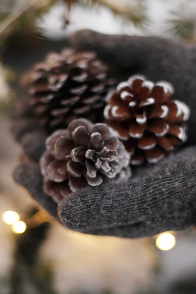 Nahaufnahme Weiblicher Hände Winterhandschuhen Mit Tannenzapfen Verschwommenem Christbaumhintergrund — Stockfoto