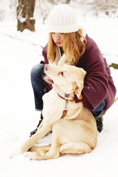 Gündüz sevimli köpek kış Park oynamaktan kış giysileri giyen Güzellik genç kadın