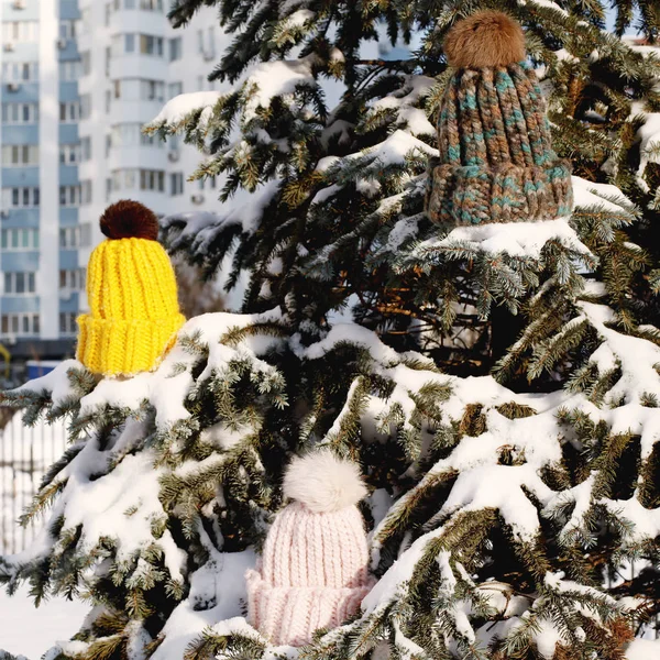 Increíble Árbol Navidad Con Sombreros Femeninos Rama Abeto Nevado —  Fotos de Stock