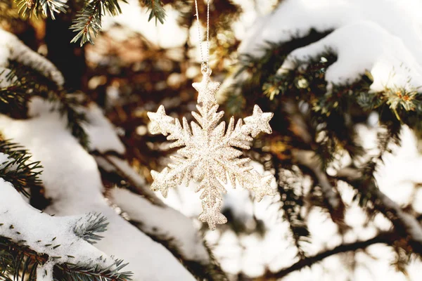 Niesamowite Christmas Tree Płatka Śniegu Ośnieżone Jodły Gałęzi — Zdjęcie stockowe