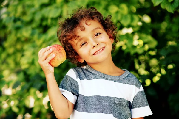 小孩在室外吃苹果 秋天在室外吃苹果 秋天自然降 — 图库照片