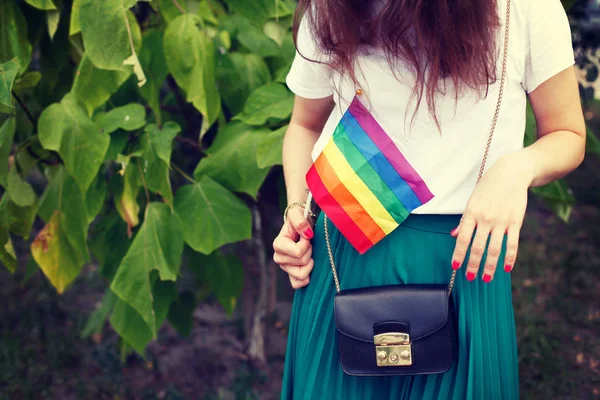 Una Joven Con Una Bandera Lgbt Naturaleza —  Fotos de Stock