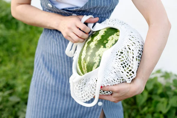 Sommar Livsstil Bild Vattenmelon Bomull Shoppingväska Hipster Flicka — Stockfoto