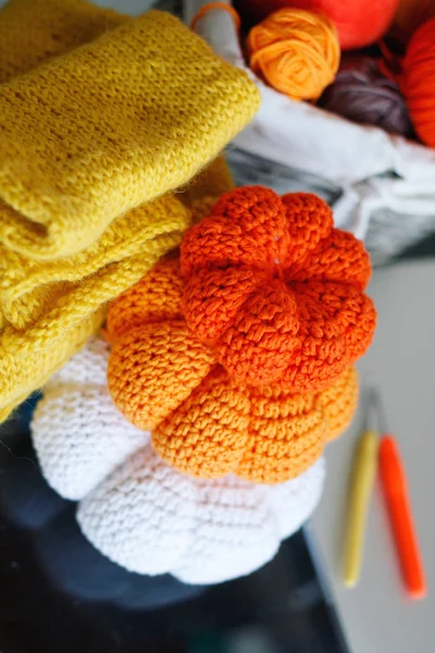 Group Colorful Pumpkins Knitted Yarn — Stock Photo, Image