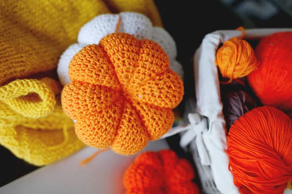 Group Colorful Pumpkins Knitted Yarn — Stock Photo, Image