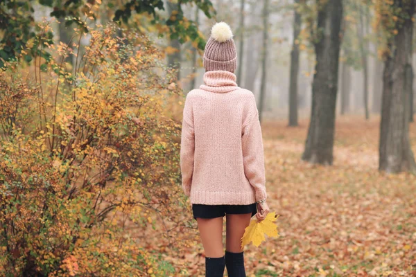 Vista Trasera Mujer Pie Parque Otoño Celebración Hoja — Foto de Stock