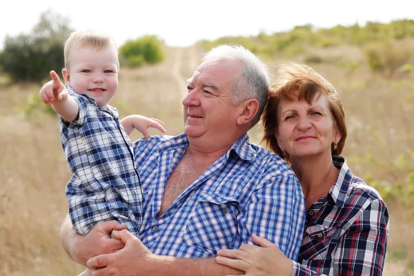 Heureux Grands Parents Avec Petit Fils Champ — Photo